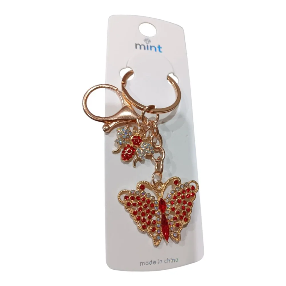Beautiful Ruby Rhinestone Butterfly Bumblebee Gold Tone Keychain Purse Charm